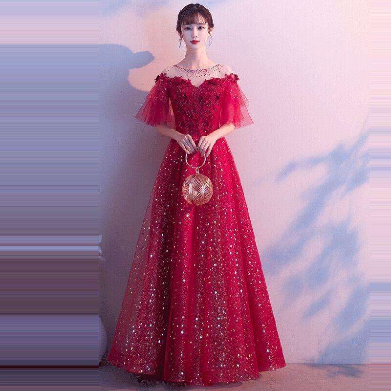 敬酒服花嫁ワンピース網紗女出閣宴ドレス婚約太ったmm赤色結婚妊婦