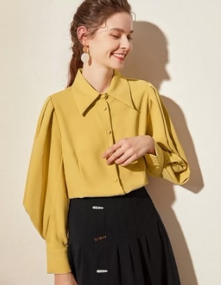 マスタードカラー長袖ブラウス トップス ブラウス 袖あり 長袖 襟付き ストレート イエロー マスタード S M L XL 爽やか かわいい 可愛い きれいめ シンプル 上品 おしゃれ