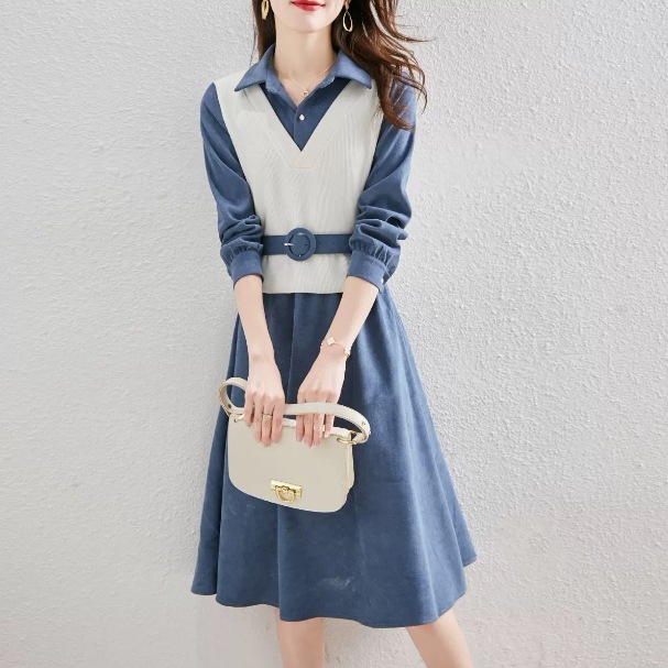 ワンピース ベスト シャツワンピース 膝丈 袖あり 長袖 襟付き シャツカラー フレア ドッキング デザイン ボタン 美ライン ニュアンス ベルト ウエストマーク レイヤード カラバリ ドラマチック