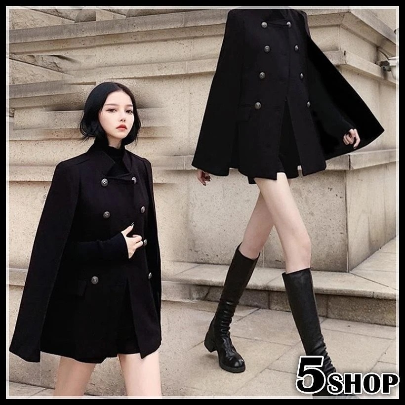 ブラック マント コート 気質 おしゃれ 服 着 防寒 暖かい マントウールコート