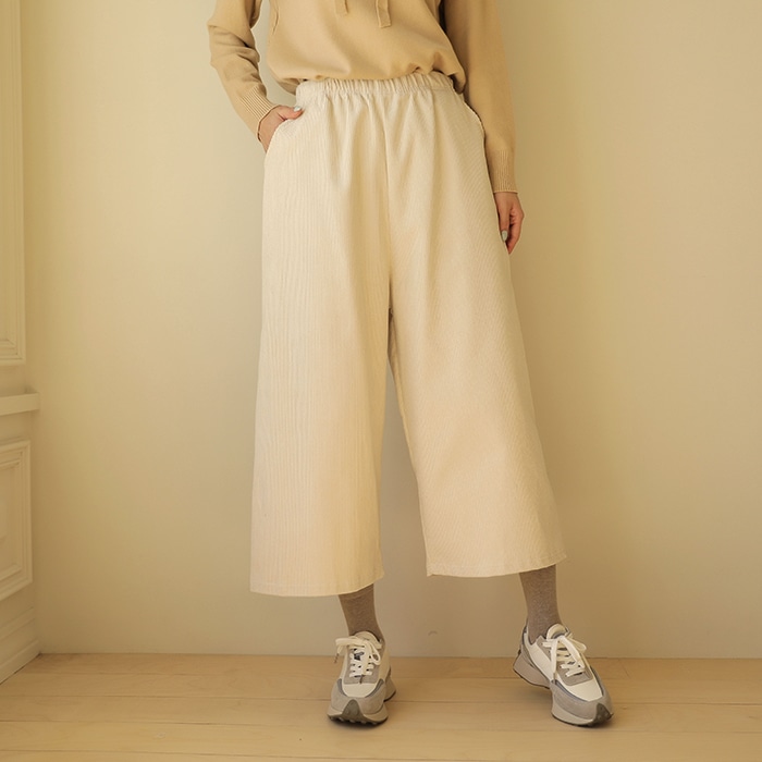 [韓国ファッション] オールバンディング暖かいコーデュロイ9分丈ワイドパンツ