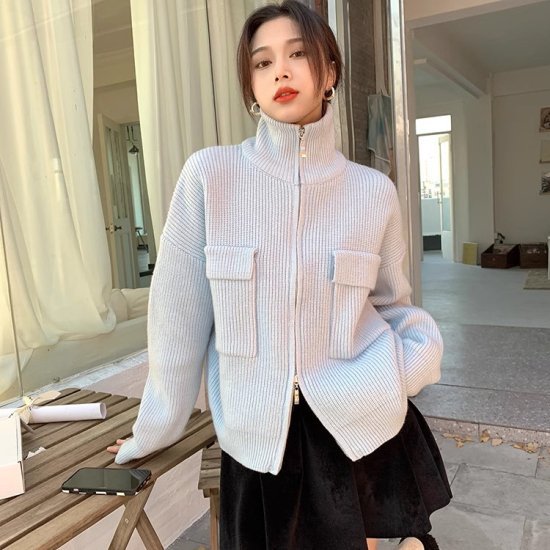 ニットカーディガン レディース ジップアップ ニットセーター ハイネック ポケット ショート丈 無地 長袖 カーディガン セーター かわいい きれいめ カジュアル オフィスコーデ おでかけ おしゃれ