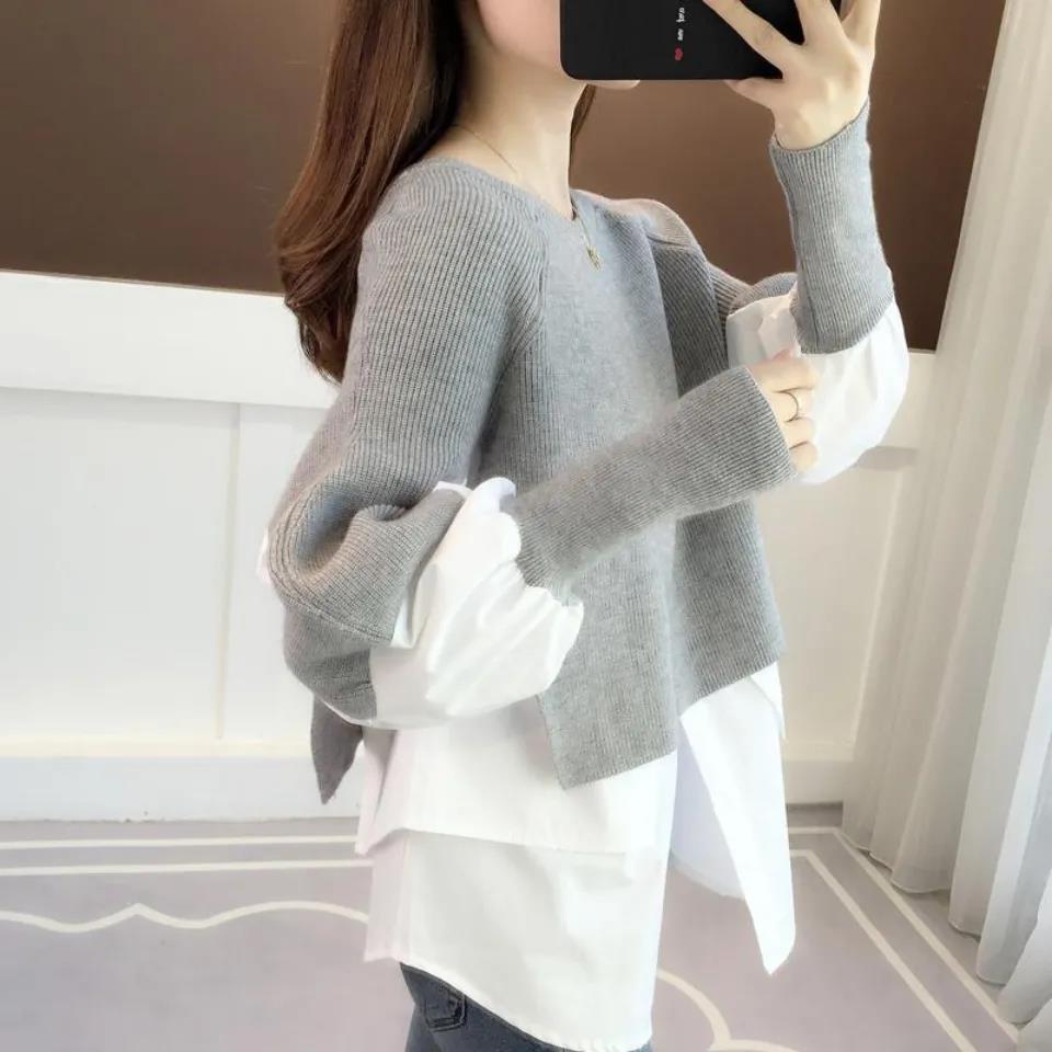 トップス シャツ ブラウス ニットソー プルオーバー 白シャツ 長袖 ボリューム袖 萌袖 ラウンドネック ワイド 切り替えデザイン ドッキング スリット サイドスリット リブ リブニット かわいい 5,702円