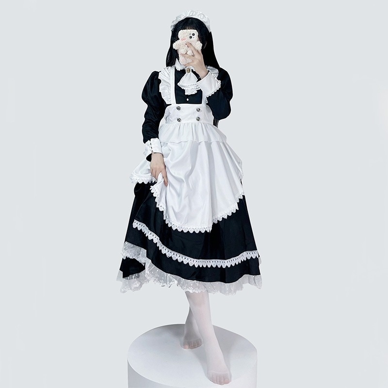 英国貴族長袖メイド服カフェ勤務制服ワンピース白黒クラシック男の娘服女装