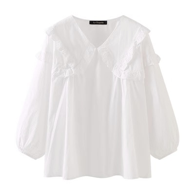 トップス シャツ ブラウス 白シャツ 袖あり 長袖 ボリューム袖 Vネック 襟付き フリル プルオーバー 薄手 かわいい 大人可愛い きれいめ シンプル おしゃれ お洒落 かっこいい レトロ ラブリー