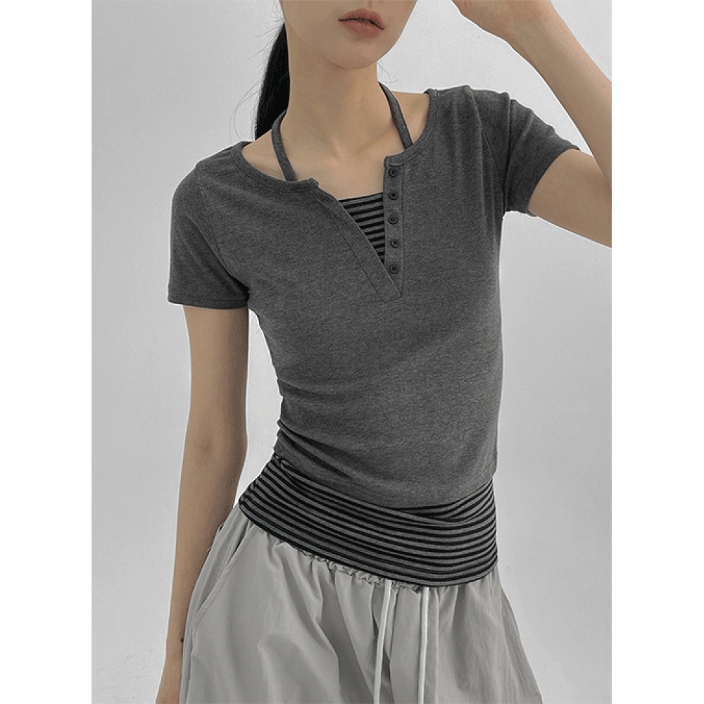 ブラックアップ ビニング レイヤード ストライプ ホルターヘンリーネック 半袖Tシャツ (S/SVer.)