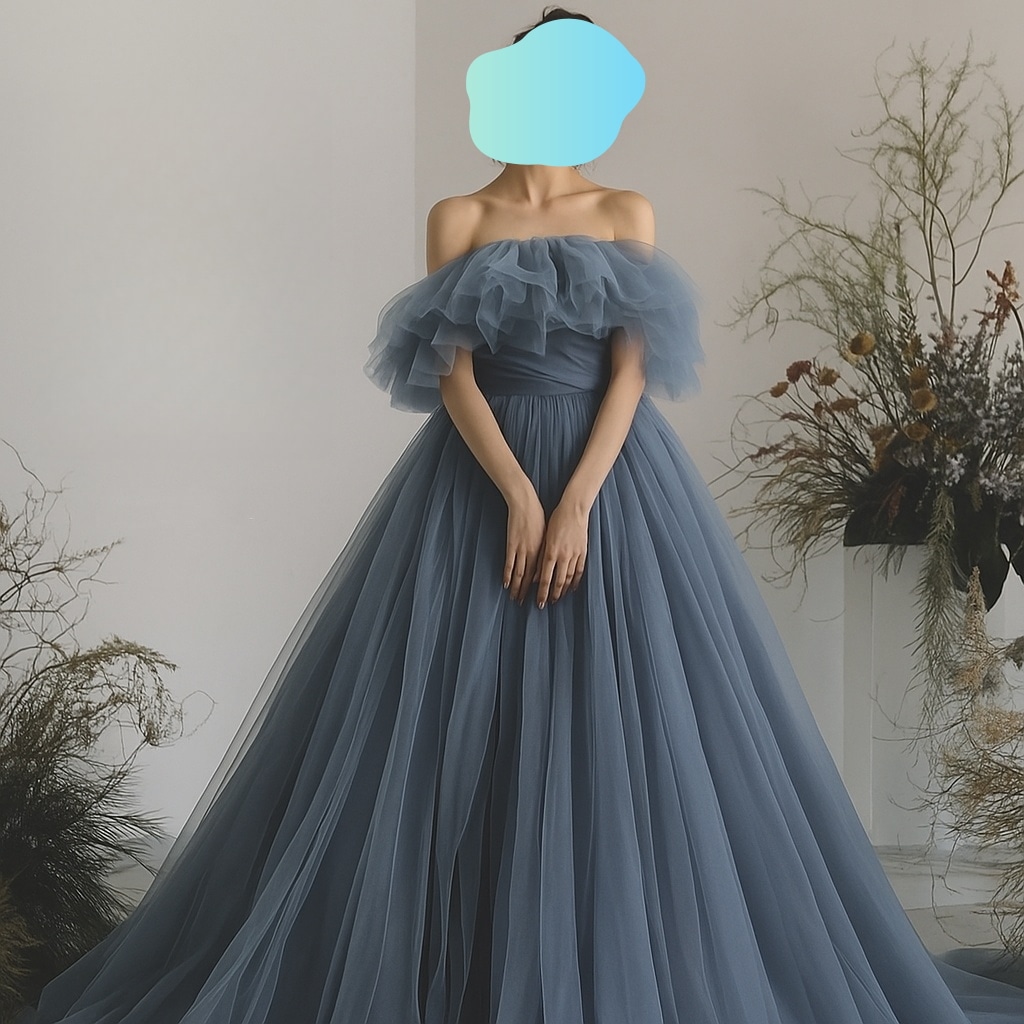 パーティードレス ブルー オフショルダー チュールスカート ふわふわドレス