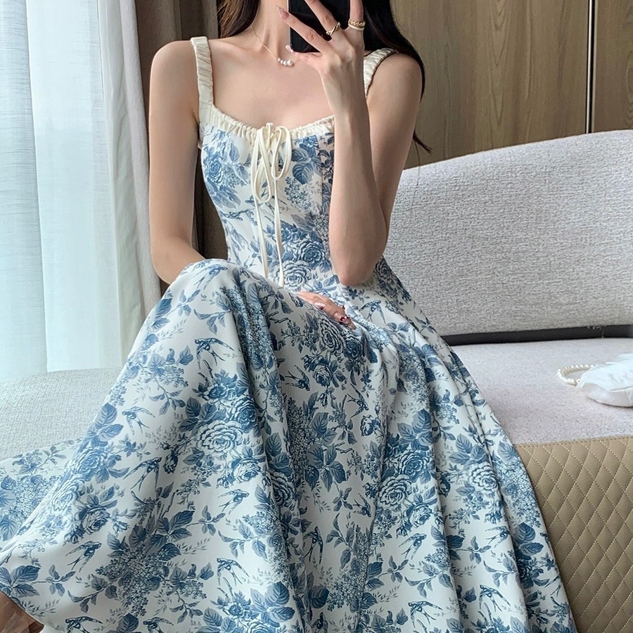 フローラルプリント サマードレス レディース ワンピース 膝丈 膝上 ミディアム丈 袖なし ノースリーブ スクエアネック 襟なし Aライン ウエストマーク ウエストリボン ハイウエスト かわいい