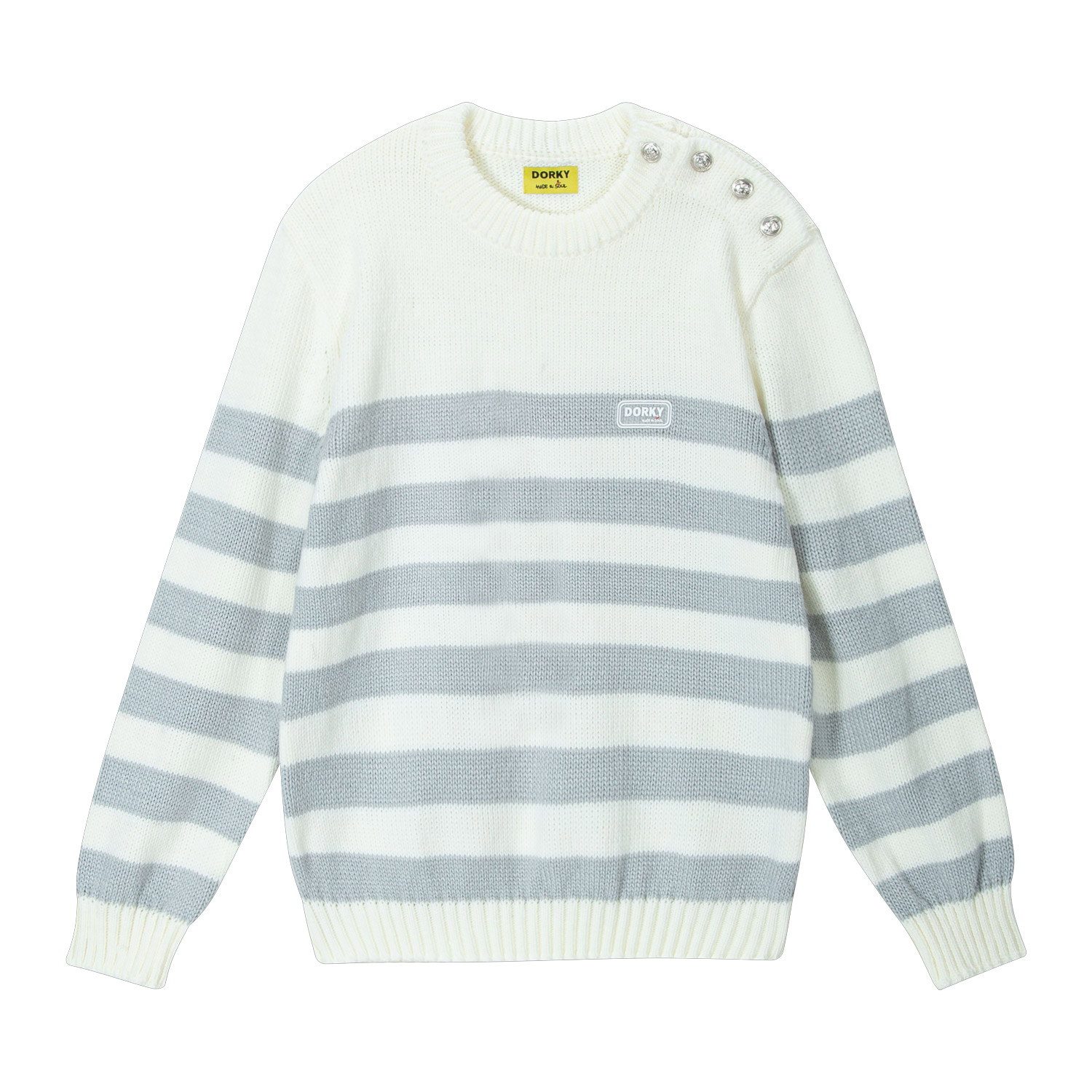 STRIPE SHOULDER BUTTON SWEATER LIGHT GRAY