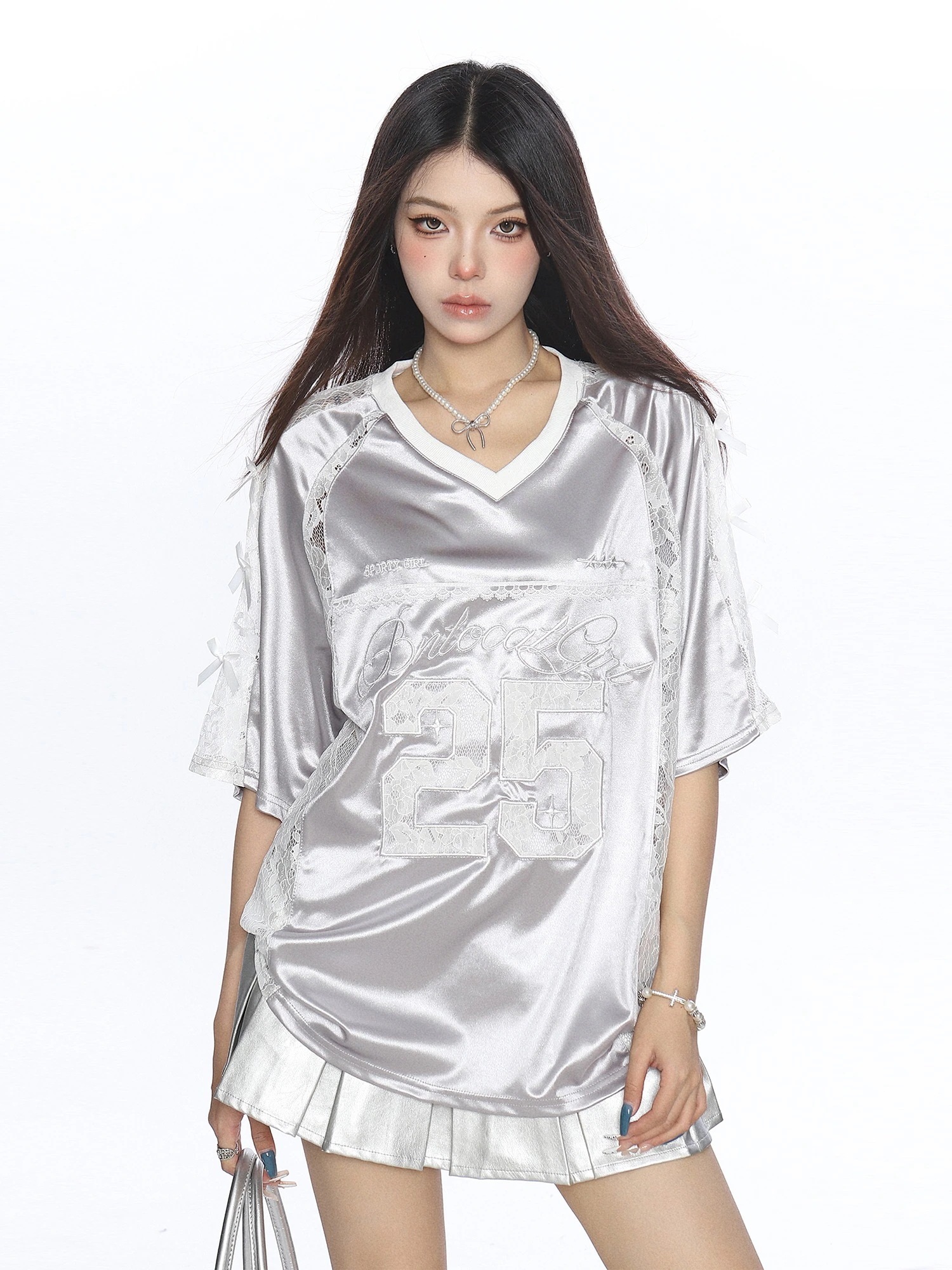 2025春夏 韓国可愛い風トップス レース切り替えTシャツ K-POPファッション半袖ストリート系サイド丈フットシルエットシャツ衣装レディースサイズVネックユニセックスおしゃれカジュアルダンスラグラン