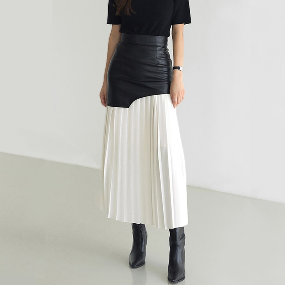 レザー切り替え プリーツ ロングスカート 2色 OHCA0184