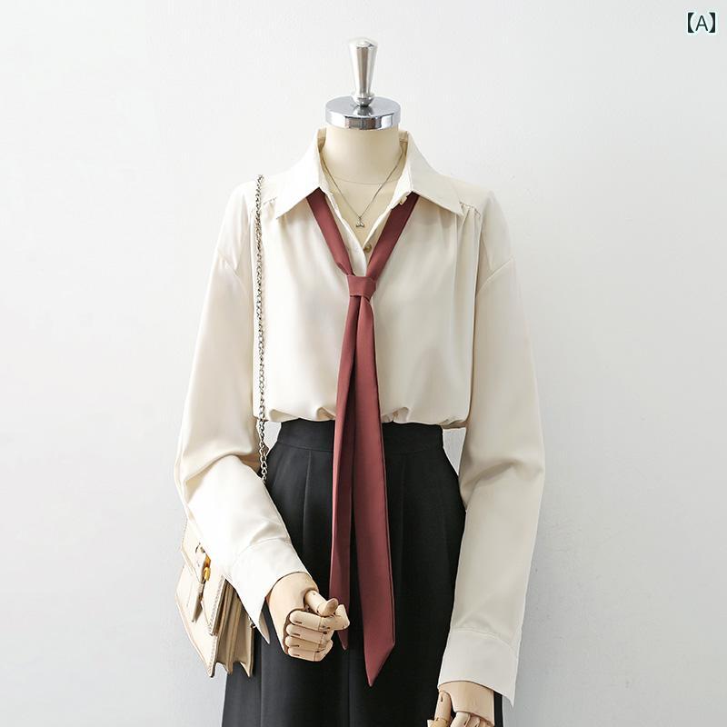 レディース シャツ ブラウス 長袖 春秋 ボウタイ（リボン）付き シャツ襟 シングルブレスト アプリコット ダークグレー エレガント モダン ミニマル シック 大人カジュアル おしゃれ