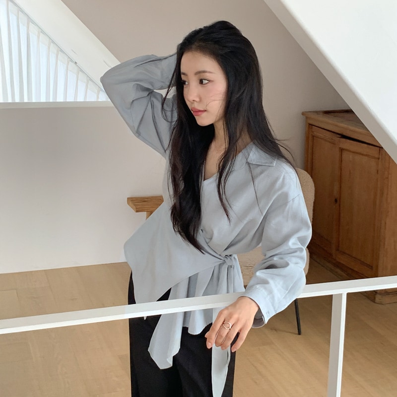 [tbs0502] 韓国ファッシアンバランス ラップ オープン カラー ブラウス