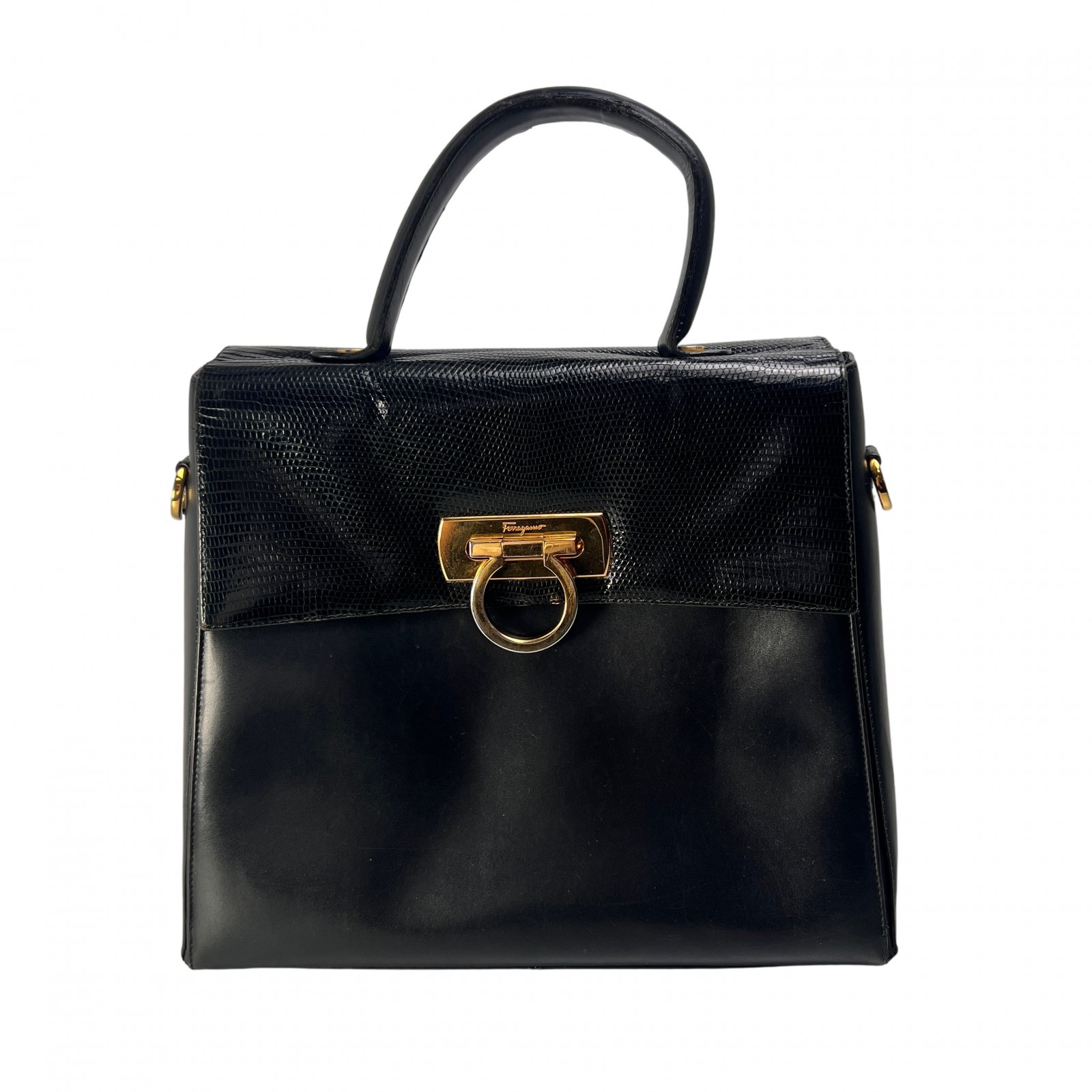 Ferragamo フェラガモ ケリー カーフスキン ハンドバッグ 黒 A-14099