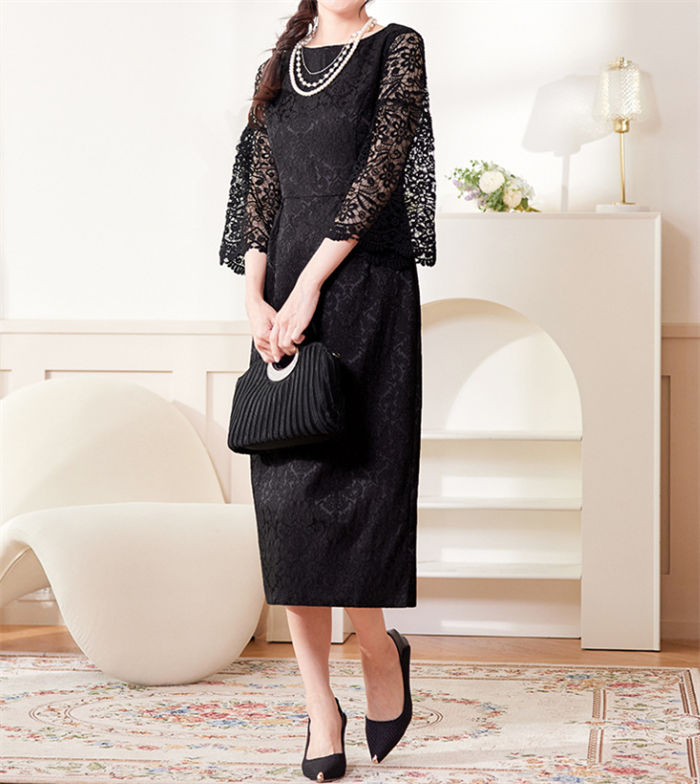 パーティードレス ロングワンピース 結婚式 ワンピース ミモレ丈 フォーマル レース バックスリット ジャガード 切り替え ドレス マキシ きれいめ レディース パーティー 袖あり 春秋 大人 可愛い