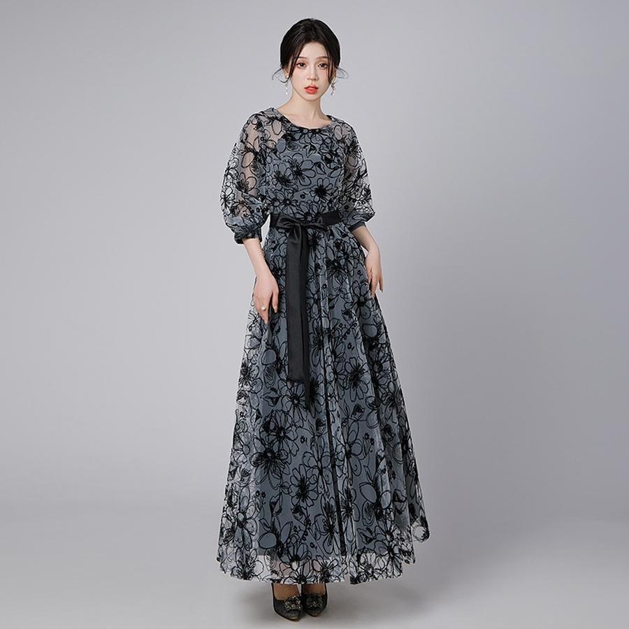 【縁夢】 花柄 レース 七分袖 イブニングドレス ロングワンピース イブドレス パーティー キャバ 着痩せ 大人 同窓会 披露宴 卒業式 結婚式 演奏会 ウェディング 二次会 発表会