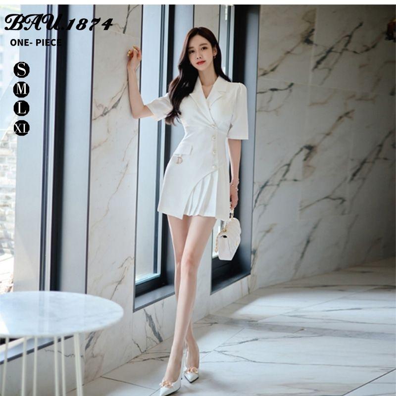 「新作入荷* 短納期」タイトワンピース タイト 姫系 タイト ホワイト ワンピース フリル 切り替え 韓国 インポート きれいめ 半袖 着痩せ パーティドレス 上品 通