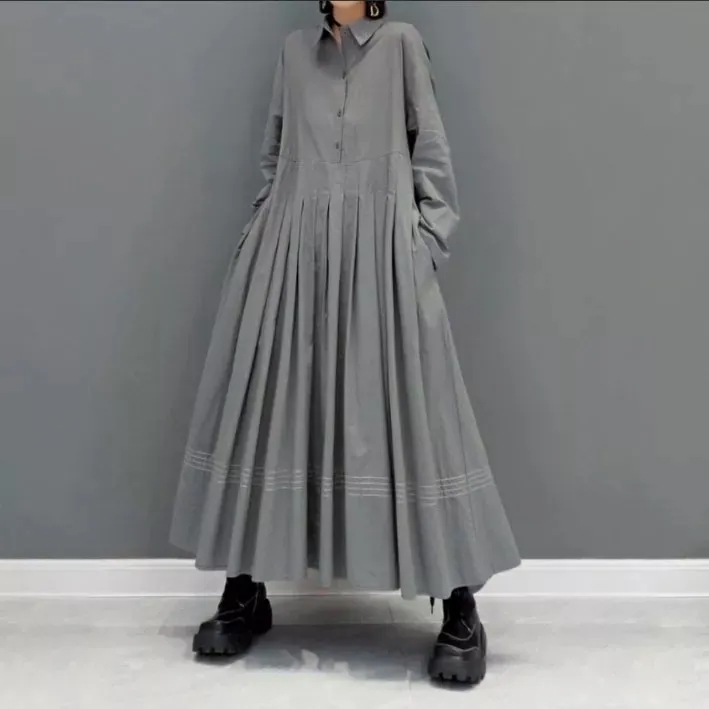 【再入荷予定】長袖 シングルブレスト 折襟 ギャザー Aライン カジュアルワンピース