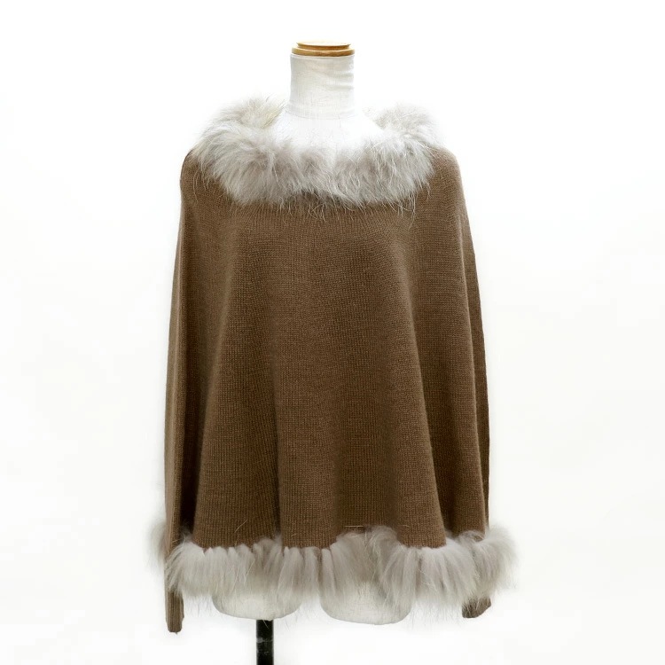 ラクーン ファー トリミング ウール・アクリル ニット ポンチョ キャメル 送料無料 レディース ギフト プレゼント