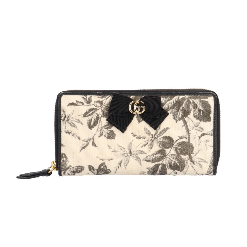 グッチ ハーバリウムプリント 日本限定 ジップアラウンド ウォレット GGリボン 長財布 キャンバス 435819 GUCCI 中古