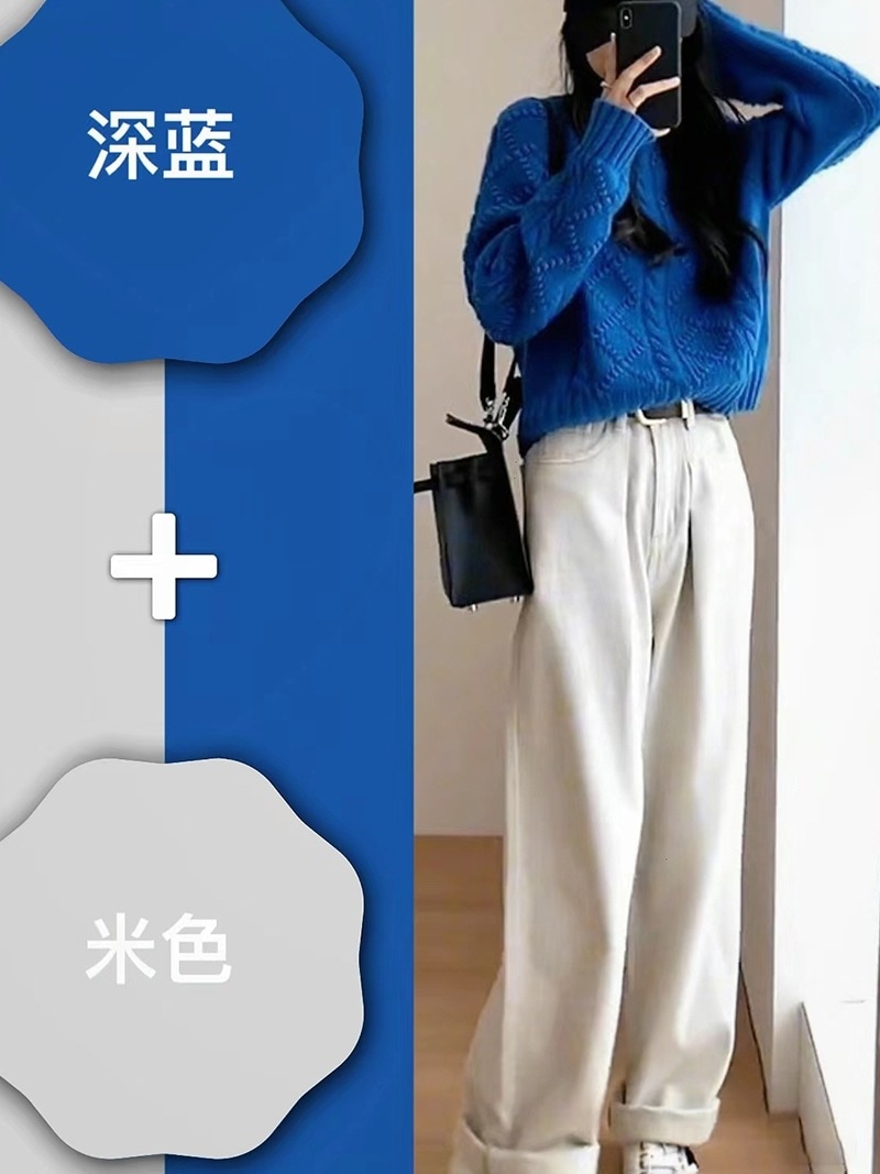 2024秋冬今年の人気の美しい衣装は女性の年齢を軽減する青いセーターとジーンズのツーピーススーツの完全なセット