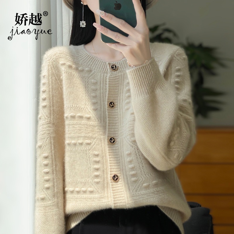 100 カーディガン レディース ラウンドネック ジャケット 7 針厚みのある黒のリボンボタン女性のウール ニット カーディガン