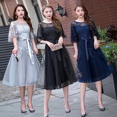 着痩せ 40代 黒ドレス イブニングドレス ミモレ丈 50代 パーティードレス Aライン 体型カバー