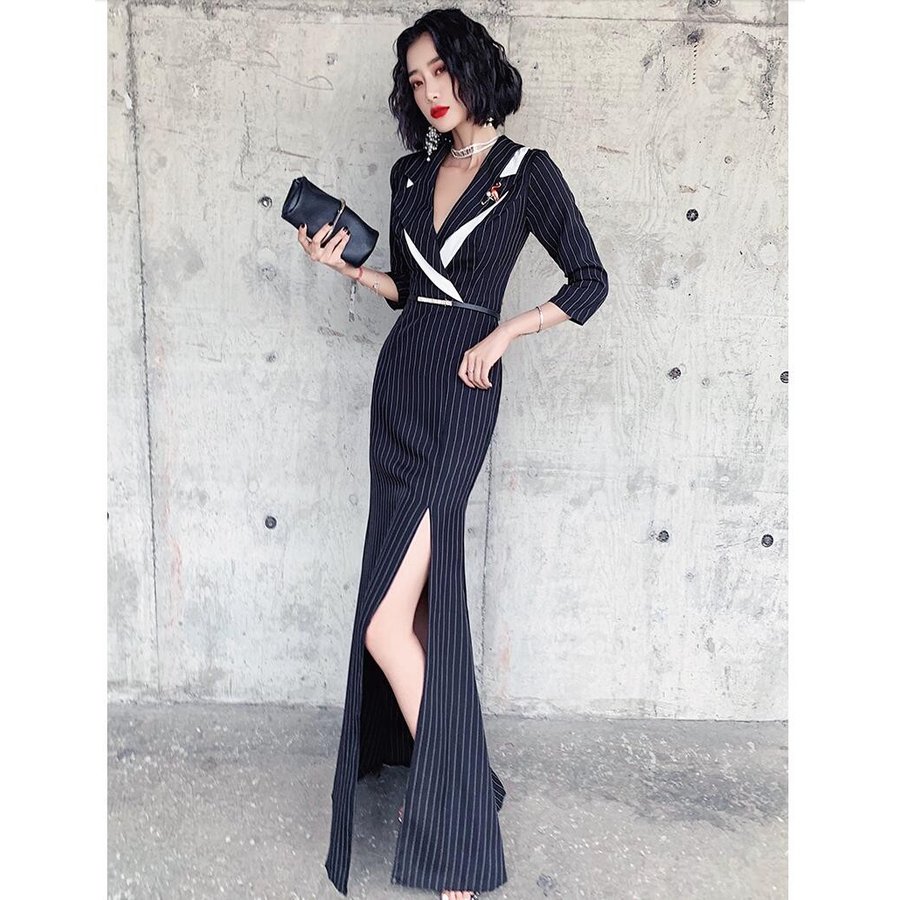 袖あり ロングドレス フォーマルドレス パーティードレス 結婚式 スリットワンピース お呼ばれ 二次