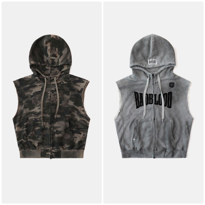 【BADBLOOD】[UNISEX] CURVED LOGO SLEEVELESS HOOD ZIP-UP : DUSTY GREEN CAMO