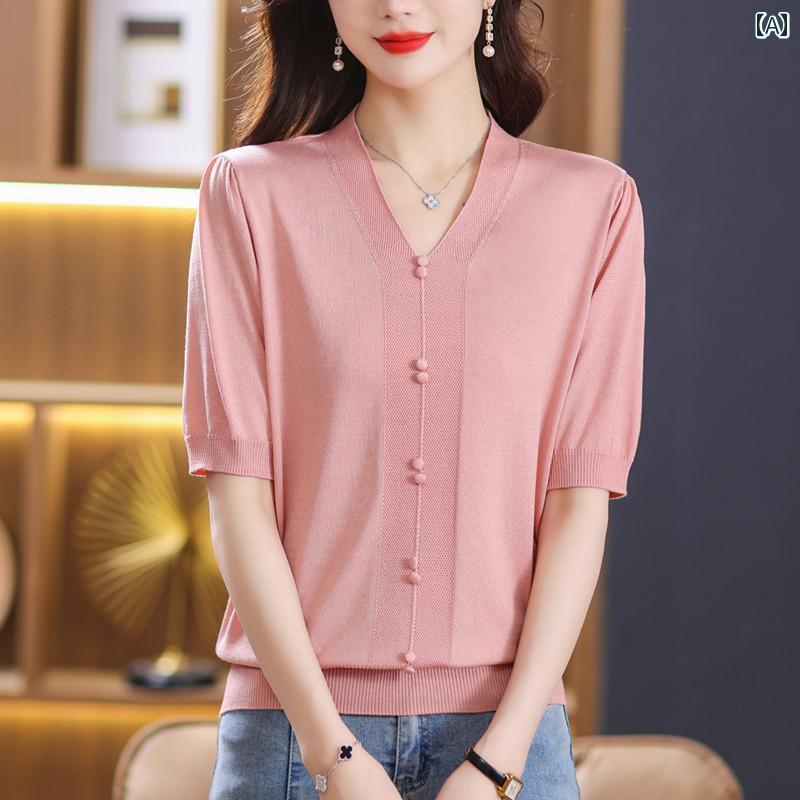 Vネック　Tシャツ　レディース 太めの mmの 夏用 特大 サイズ 冷感 ニット セーター 女性用 200ポンドの お腹を カバー できる Vネック トップの シルク 半袖 Tシャツ