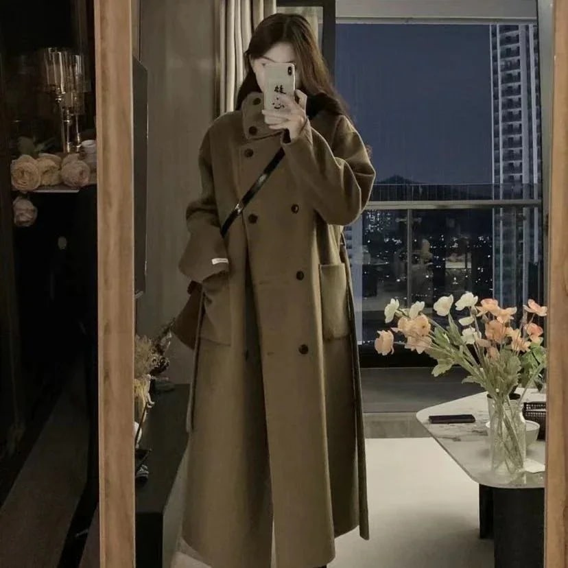 英伦風レディースコートゆったり着痩せ高級感ダブルブレストトレンチコートハイネックファッシ気質です厚手アウター ョンコート