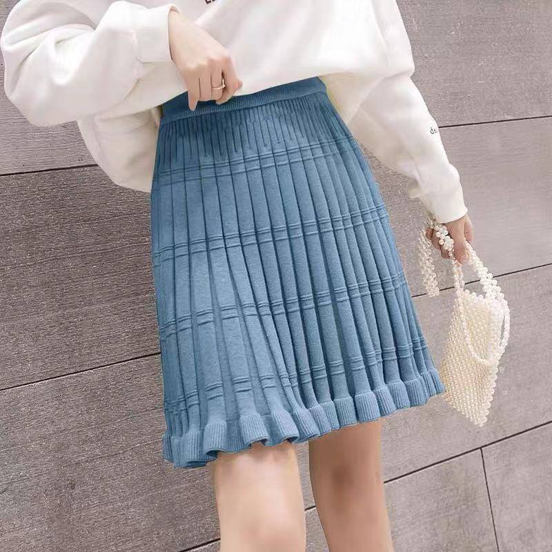 ウエストゴム 品質いいな新品 ボトムス ハイウエスト フリルスカート ショート丈 ニットスカート 着痩せ 秋冬 ミニスカート レディース ウエストゴム ショート丈スカート Aラインス プリーツスカート