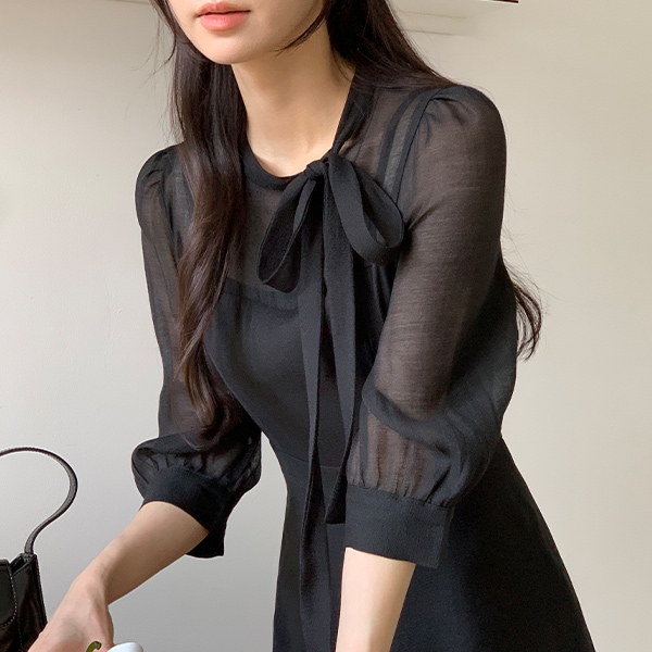 (韓国製)（ブランドクオリティ／2丈展開／上品なムード）シースルー シフォン リボン ストラップ 2丈 ワンピース op16189