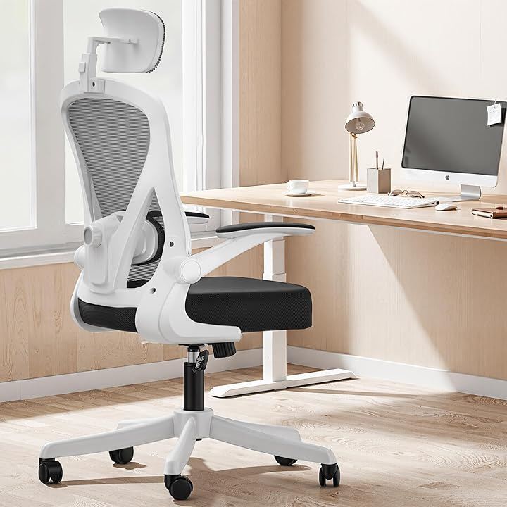 オフィスチェア メッシュ デスクチェア ヘッドレスト上下調節 腰サポート多段調節 9cm厚クッション 90回転アームレスト 30ロッキング 静音キャスター 椅子 (ホワイト, 大型)