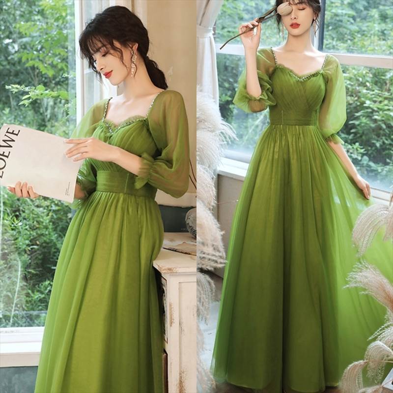 【急速出荷】ロング ドレス パーティードレス グリーン 緑 プリンセス 個性的 袖あり チュール 透け感 大人可愛い レトロ 結婚式 二次会 お呼ばれ フォーマル 演奏会 ピアノ 発表会 ドレス ワン