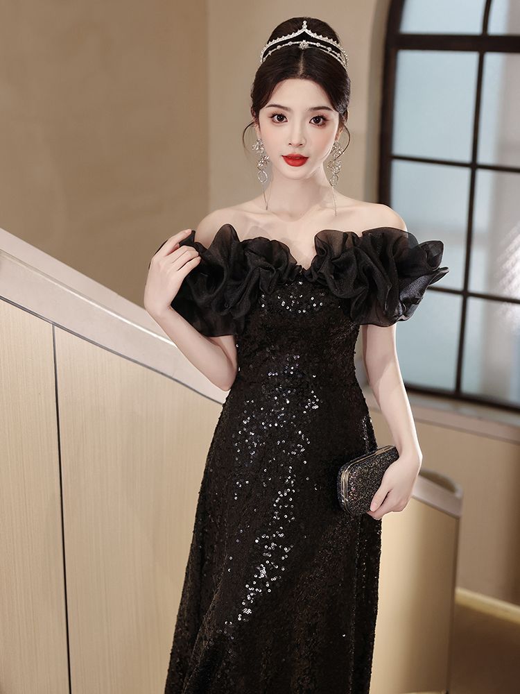 女性のための黒いホストドレス2025ワンショルダーハイエンドバンケットアート