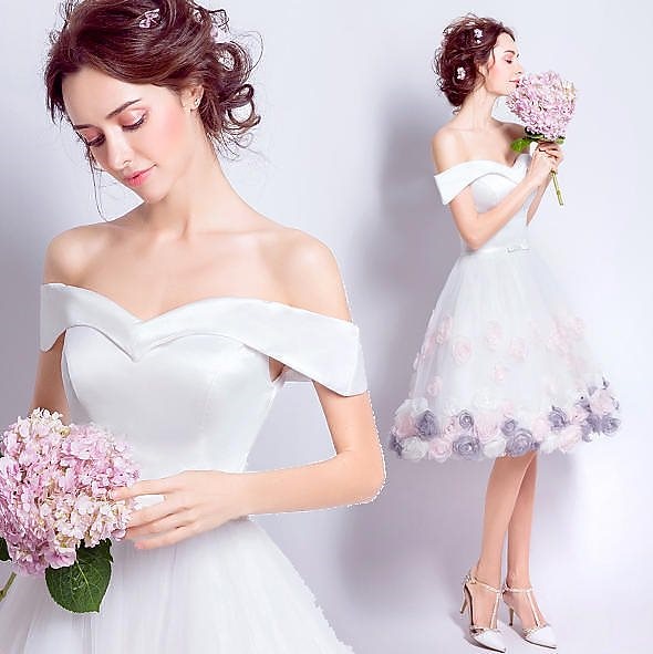 韓国 ファッション 大きいサイズ パーティードレス オフショルダー ひざ丈 花柄 花嫁 結婚式 二次