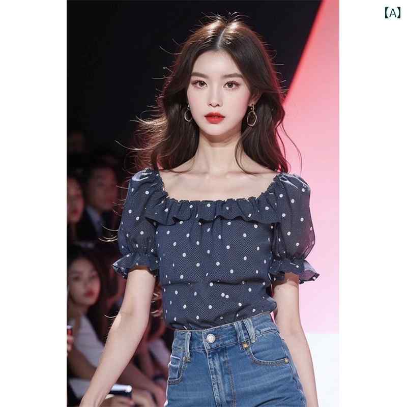 レディース ファッション 夏 小さめ シャツ 黒 水玉 半袖 シャツ 西洋 ユニーク シック 小さめ トップススス