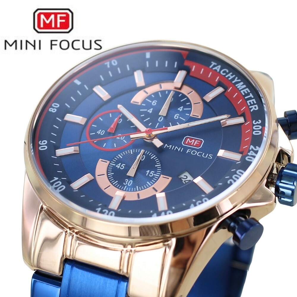 正規品 MINI FOCUS メンズ腕時計 クロノグラフ クォーツ 日付表示 ステンレスバンド かっこいい 腕時計 手表 メンズ 父の日 ブルー ローズゴールド 高級感 おしゃれ ビジネス カジュアル