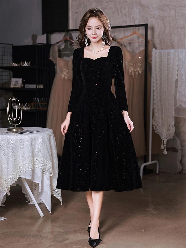 ドレス 女性のためのフランスのイブニングドレス 新しい芸術試験黒ベルベット長袖ドレス年次総会ホストドレス