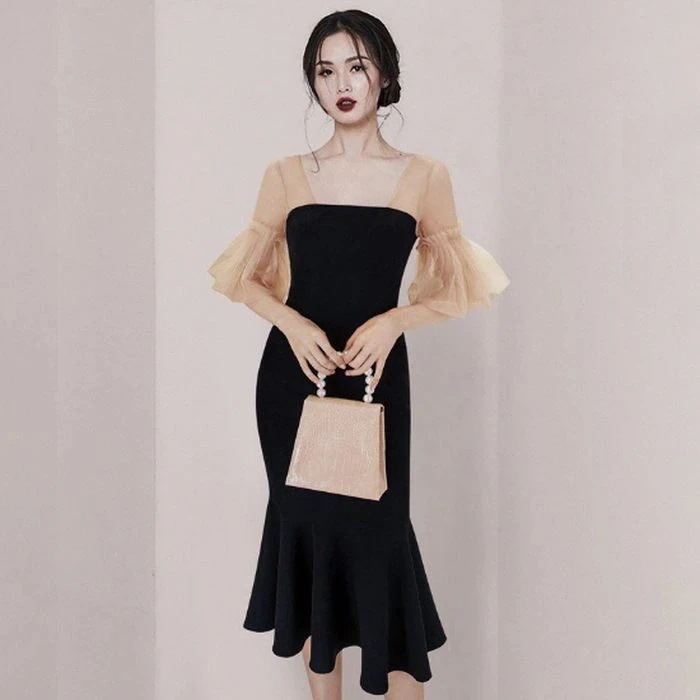 パーティードレス韓国結婚式二次会謝会ワンピースお呼ばれ膝丈ブラック黒個性的おしゃれタイトパーティプチプラ激安かわいい203040S/M/L人気海外袖ありマーメイドボディコン膝下