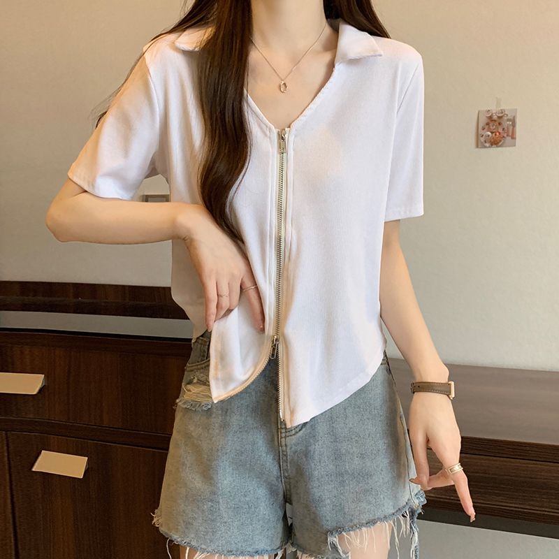 『目玉新商品』アイスシルク半袖Tシャツ女性の夏の新しい緩い薄い大きなヤードのジッパーデザインの純粋な欲望の風短い段落の感覚2089