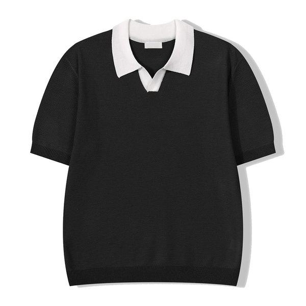 メンズプレミアム配色オープンカラー半袖ニットTシャツ GN-KNH-Q010-ブラック