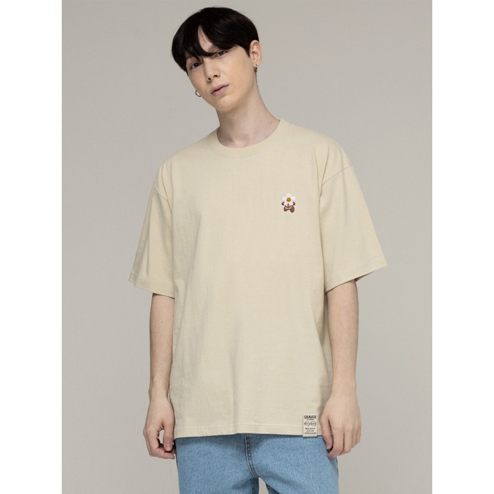 グレイバーヘッドフラワーベアスマイルエンブロイダリー半袖Tシャツサンドベージュ