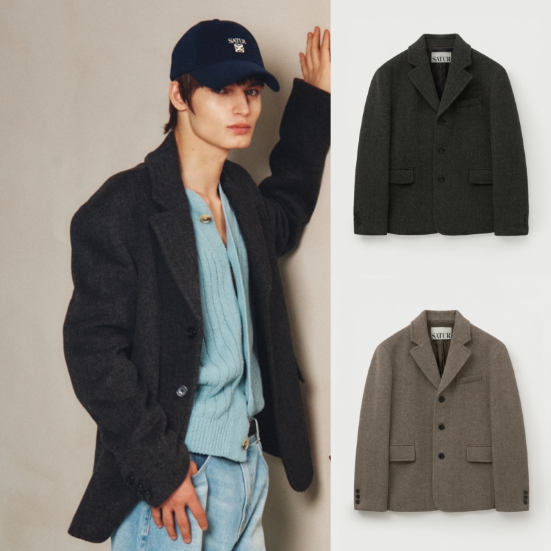 【SATUR】 25FW HERRINGBONE WOOL BLEND SINGLE BLAZER : 2COLORS