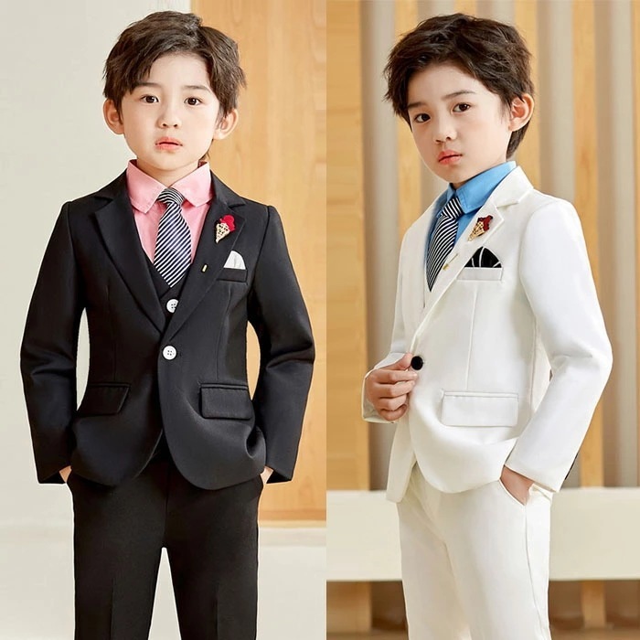 スーツ 男の子 入学式 卒業式 90 100 110 120 130 140 150 160 170cm 子供スーツ 5点セット (ジャケット パンツ ベスト シャツ ネクタイ) 無地 キッズ ジュニ