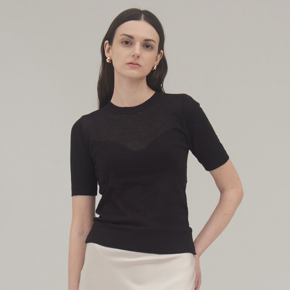 (ミステリアス) グラムシースルーラウンドショートスリーブニット_YGKT240401