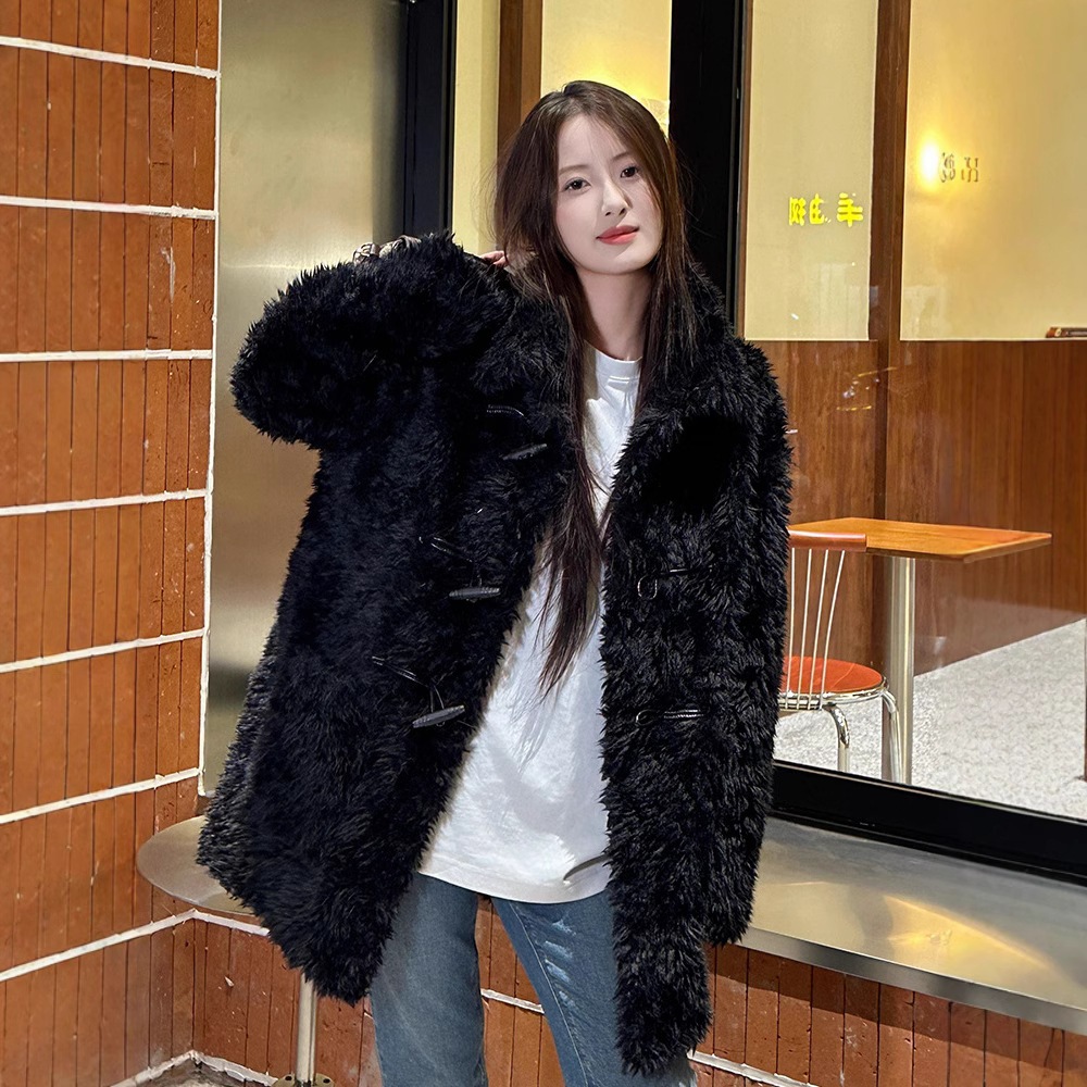 ラムコート2024新しいスタイル毛皮のようなホーンロングイミテーションレザー冬トップ肥厚環境に優しい毛皮コート