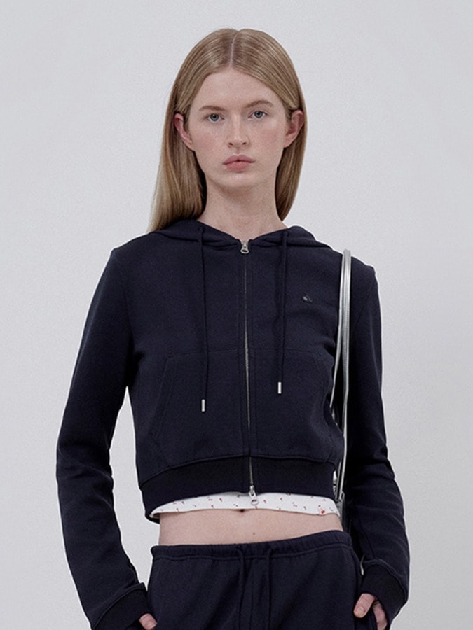 KIRSH PLAIN SLIM FIT CROP HOODIE ZIP UP [DARK NAVY]