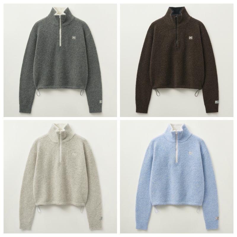 【SATUR】 (W) CROP HALF NECK FLEECE KNIT ZIP-UP : 4COLORS